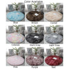 A collection of shaggy circle area rugs in various colors including blue, brown, camel, colored, dark gray, light gray, pink,