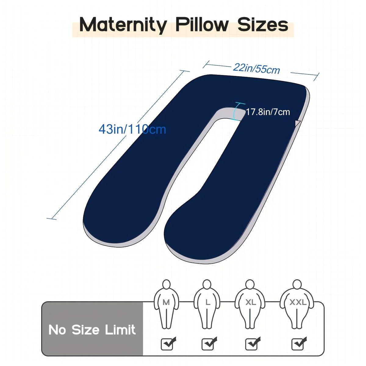 Diagram showing various sizes of maternity pillows, including measurements in inches and centimeters.