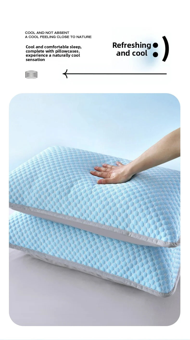 A light blue cooling bean pillow cover is shown with a hand resting on it, emphasizing a refreshing and cool sensation.