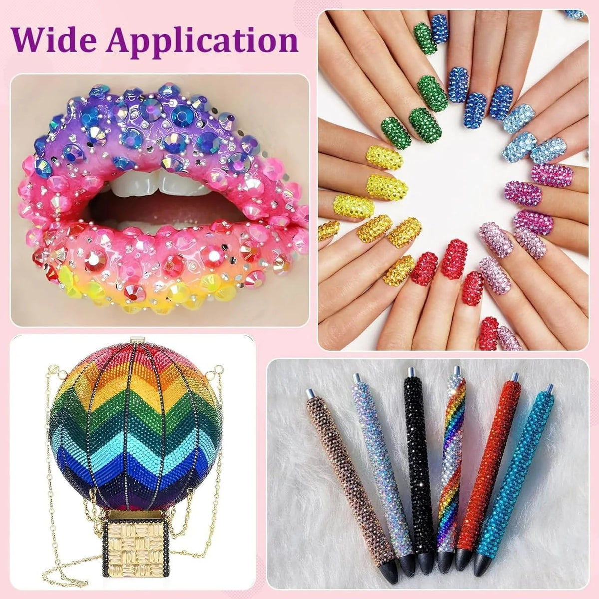 A collection of colorful resin and rhinestone products including a lip ring, a colorful sphere, and various nail art tools.
