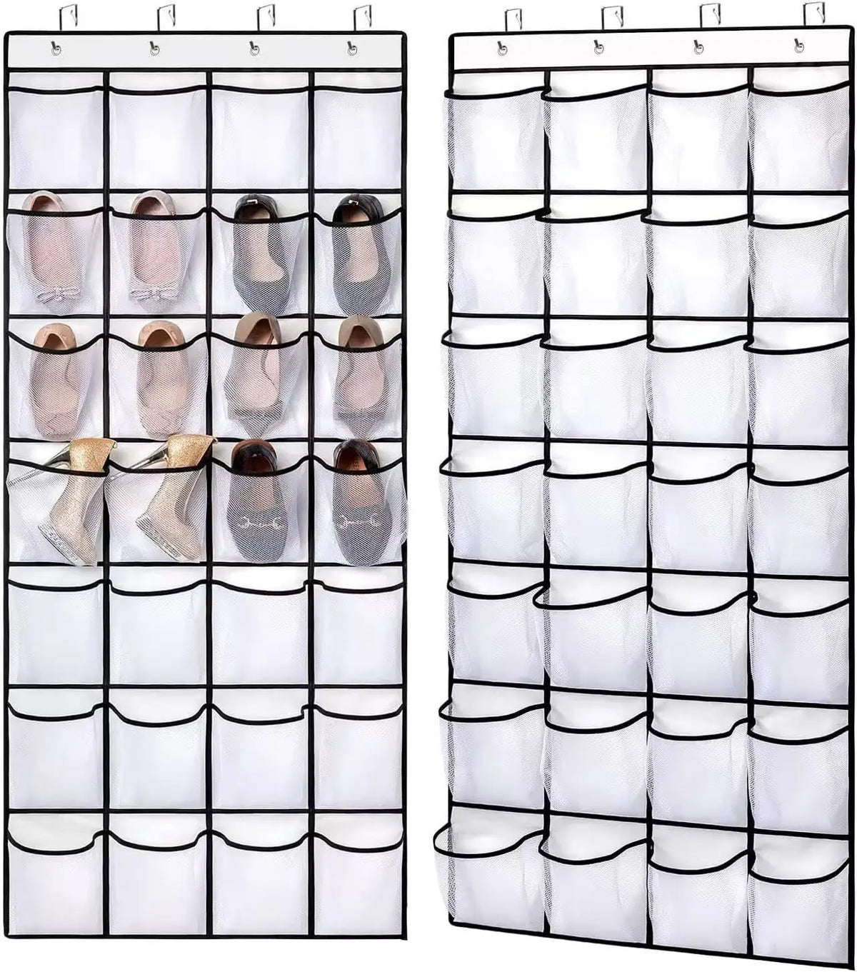 A white over-the-door shoe organizer with multiple hanging pockets for shoes.