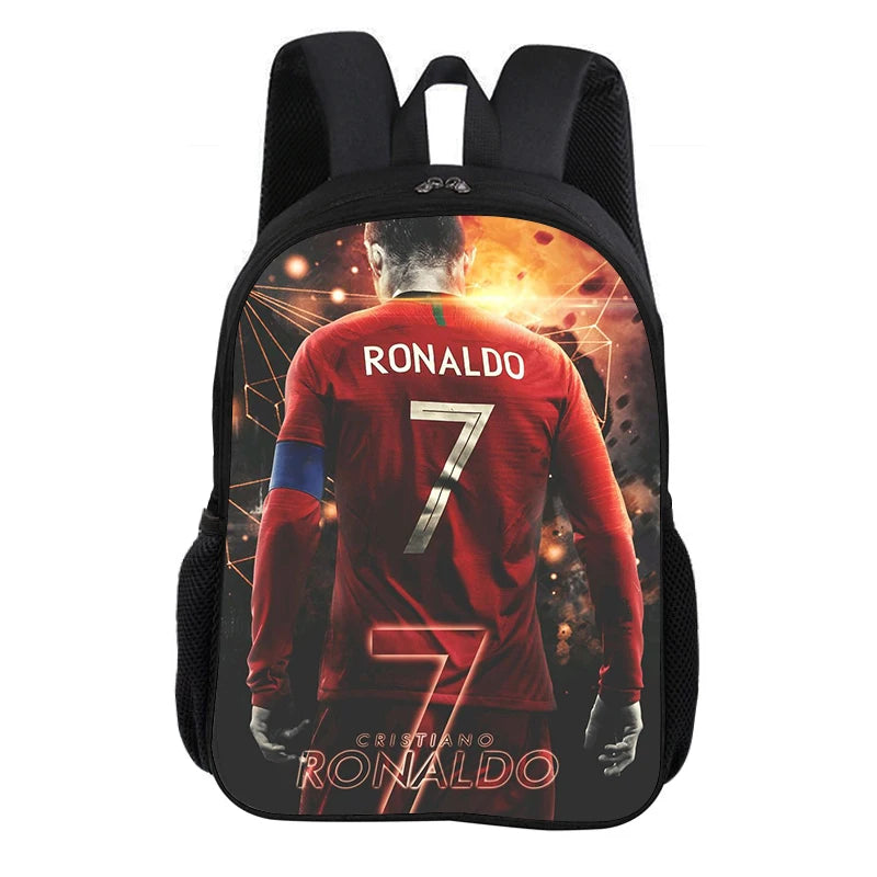 A black backpack featuring a graphic of Cristiano Ronaldo in a red jersey with the number 7.