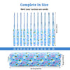 A set of ergonomic crochet hooks in various sizes and colors packaged in a blue case.