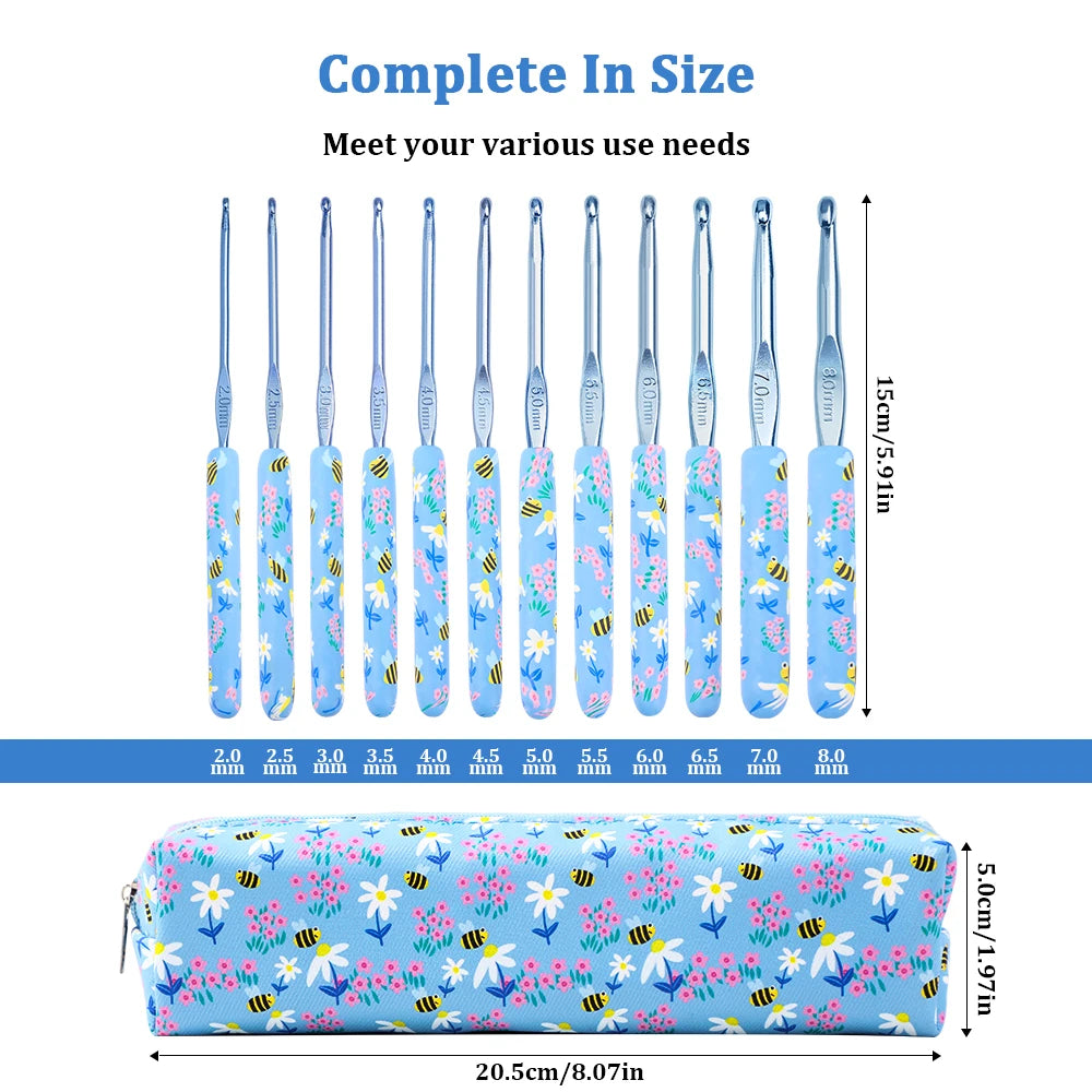 A set of ergonomic crochet hooks in various sizes and colors packaged in a blue case.