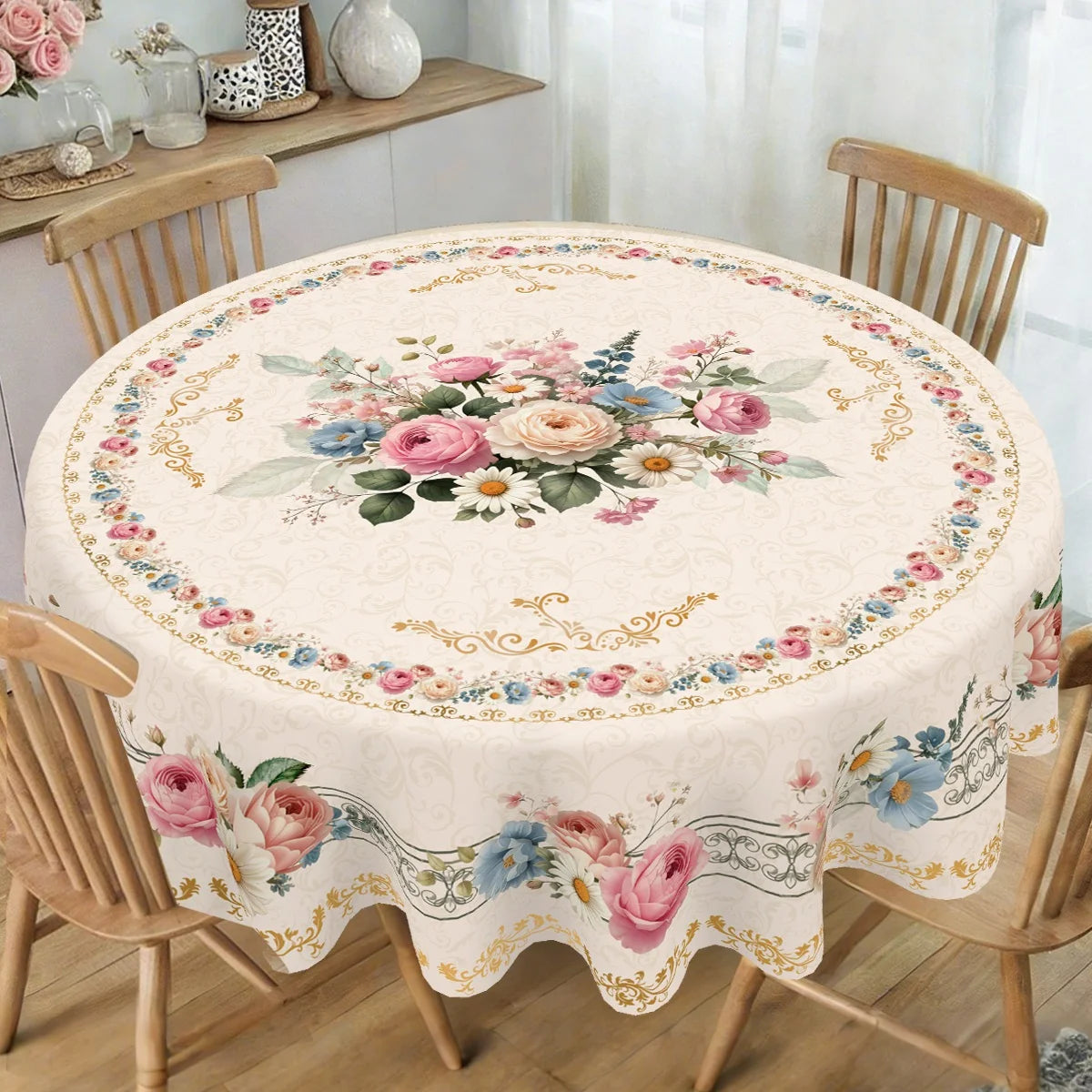 Vintage pink rose sunflower floral tablecloth displayed on a wooden dining table.