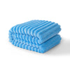 A stack of bright blue striped flannel throw blankets folded neatly.