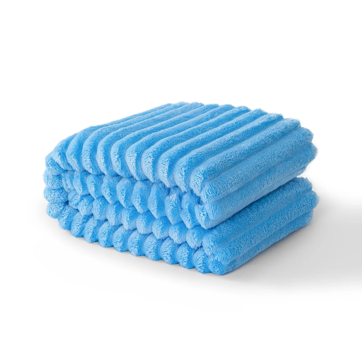 A stack of bright blue striped flannel throw blankets folded neatly.