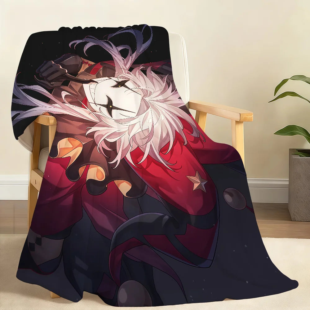 A soft throw blanket featuring a stylized character with purple hair and a red costume against a dark, starry background.