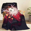 A soft throw blanket featuring a stylized character with purple hair and a red costume against a dark, starry background.