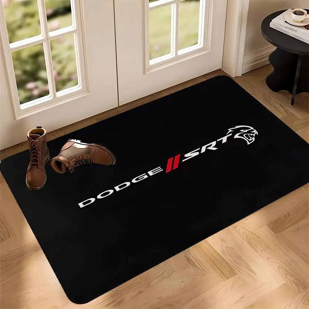A black anti-slip door mat featuring the Dodge SRT logo and shoe silhouettes on a wooden floor.