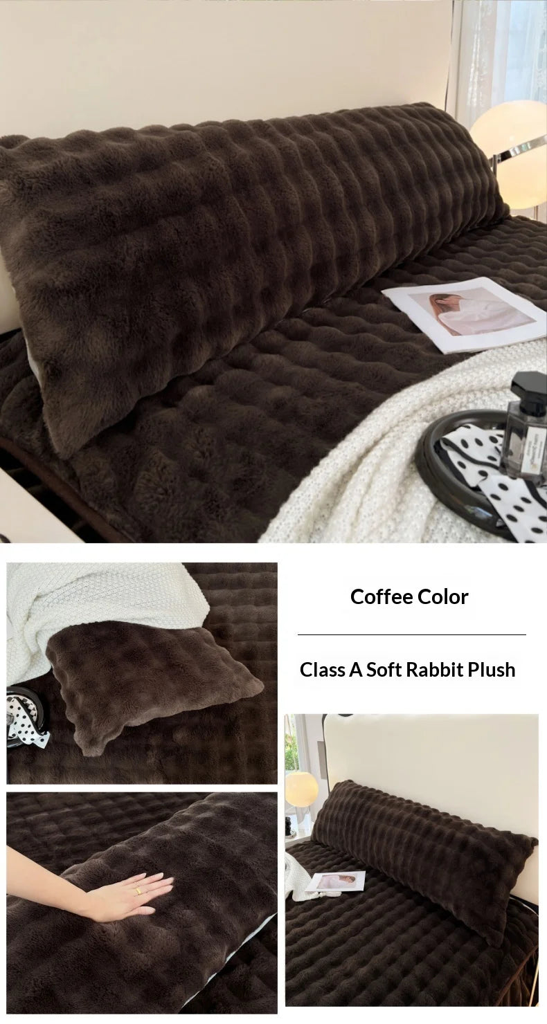 A dark brown plush long pillowcase with a quilted texture shown in various angles.
