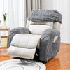 A gray faux fur sofa cover set displayed on a wooden floor with white curtains and a small side table.