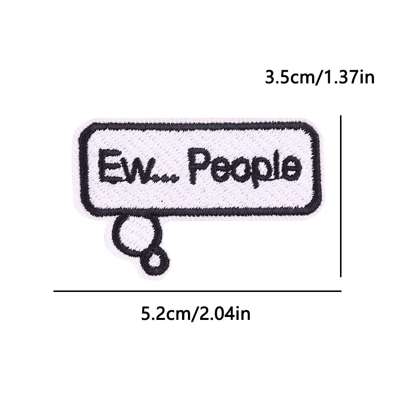 A rectangular embroidered patch with the text Ew... People on a light background.