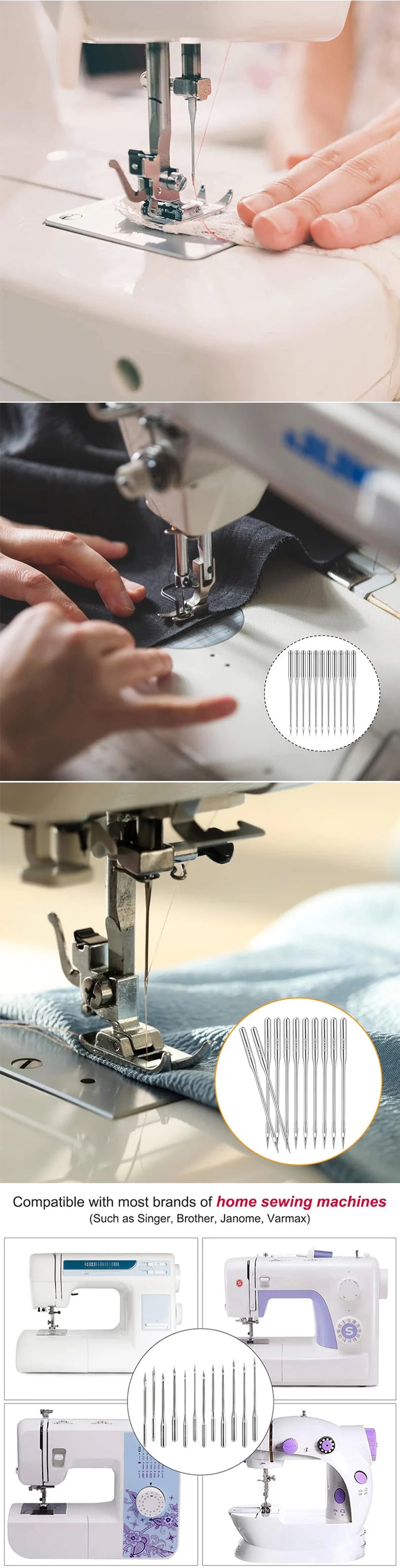 A collection of high-strength sewing machine needles and various sewing machines are displayed.