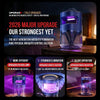 A purple UV mosquito terminator lamp trap shown in various views highlighting its features like strong suction and silent ope