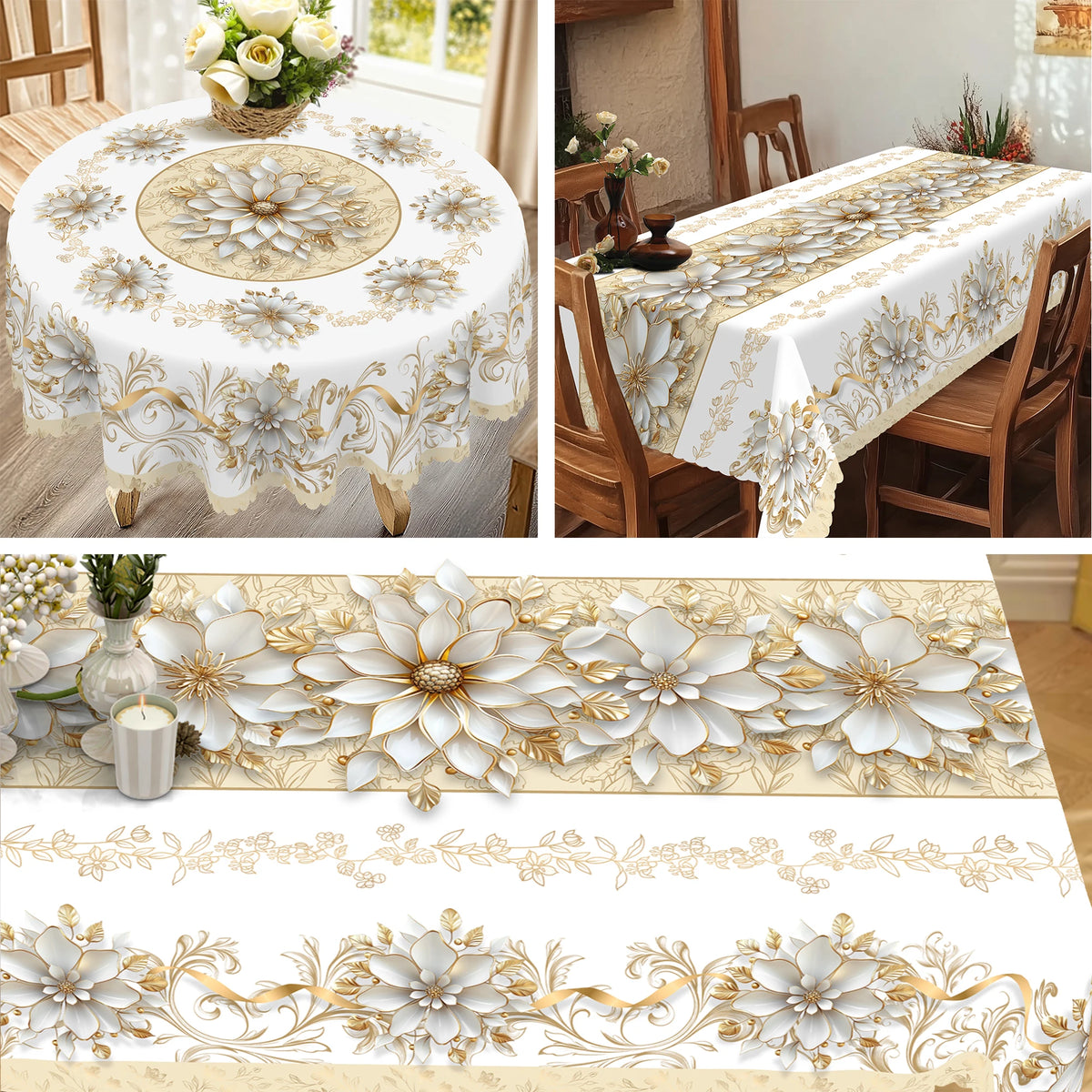 Elegant floral tablecloth featuring white and gold embossed patterns for dining.