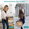A woman is shown using a collapsible hat storage organizer with a clear front window for easy carrying and travel.
