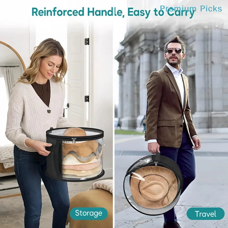 A woman is shown using a collapsible hat storage organizer with a clear front window for easy carrying and travel.
