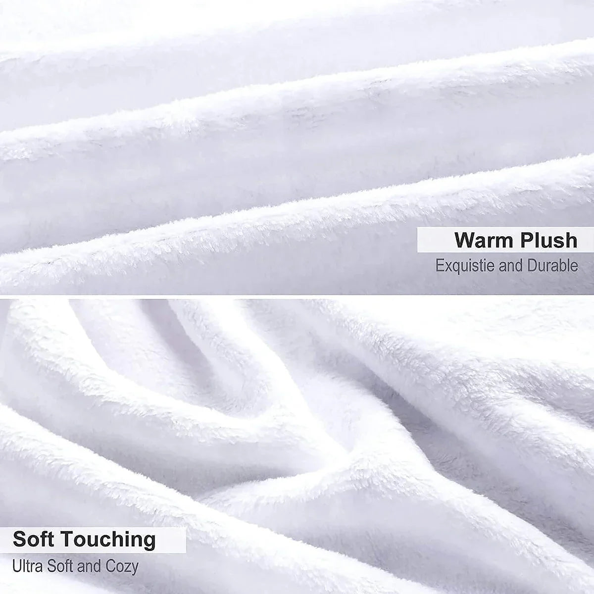 Close-up of a white faux fur throw blanket showing soft texture and folds.