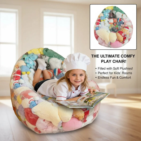A child sits inside a large, colorful inflatable play chair filled with soft plush toys in a bright room.
