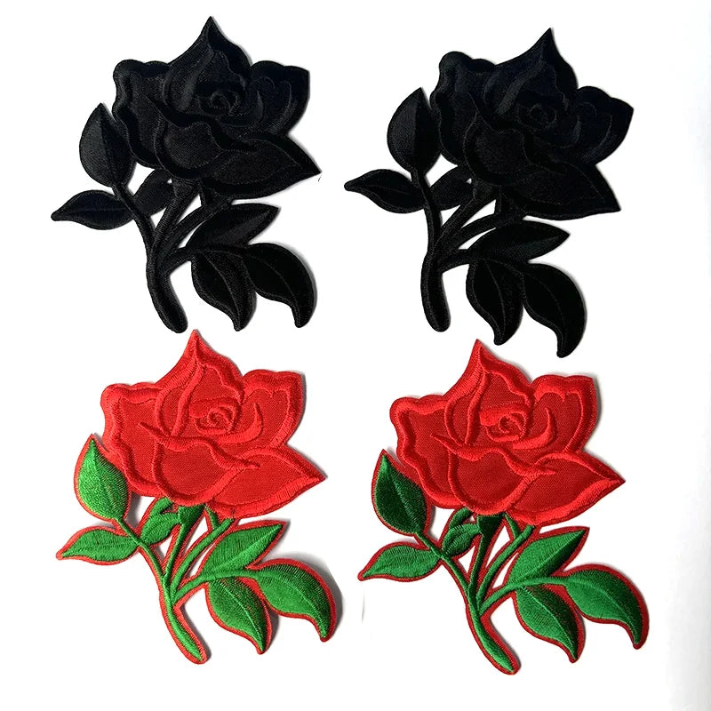 Two black velvet embroidered rose flower patches and two red velvet embroidered rose flower patches for DIY apparel
