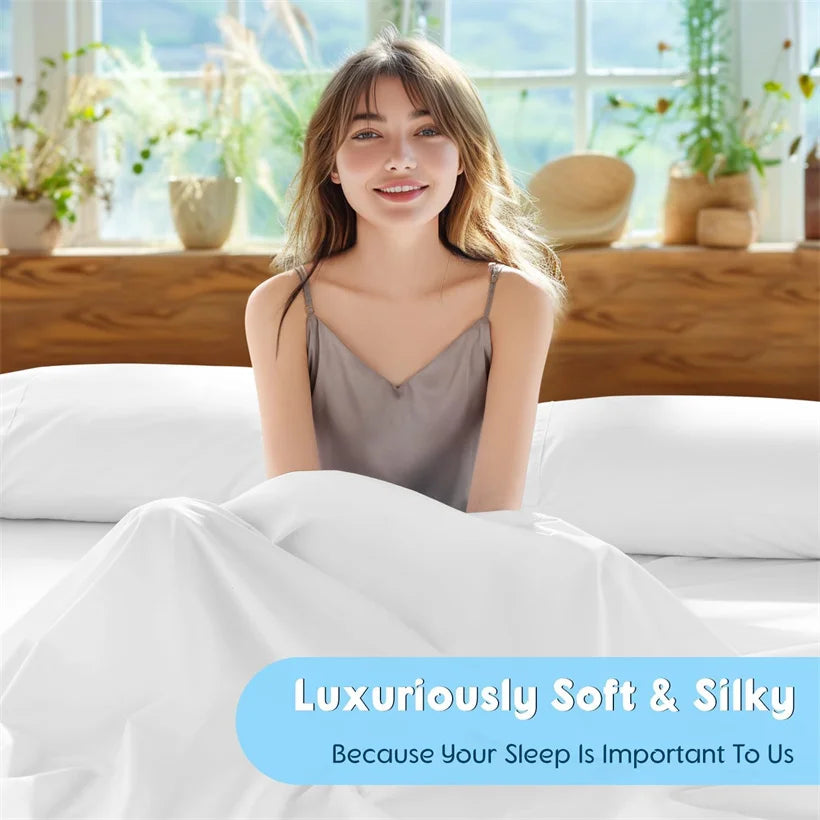 A woman in a gray slip is lying on white bedding in a bright room with plants in the background.