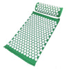 A green acupressure relief mat and pillow set with white dots for pain and stress relief.