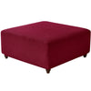 A deep burgundy stretch jacquard ottoman and stool cover with a textured weave.