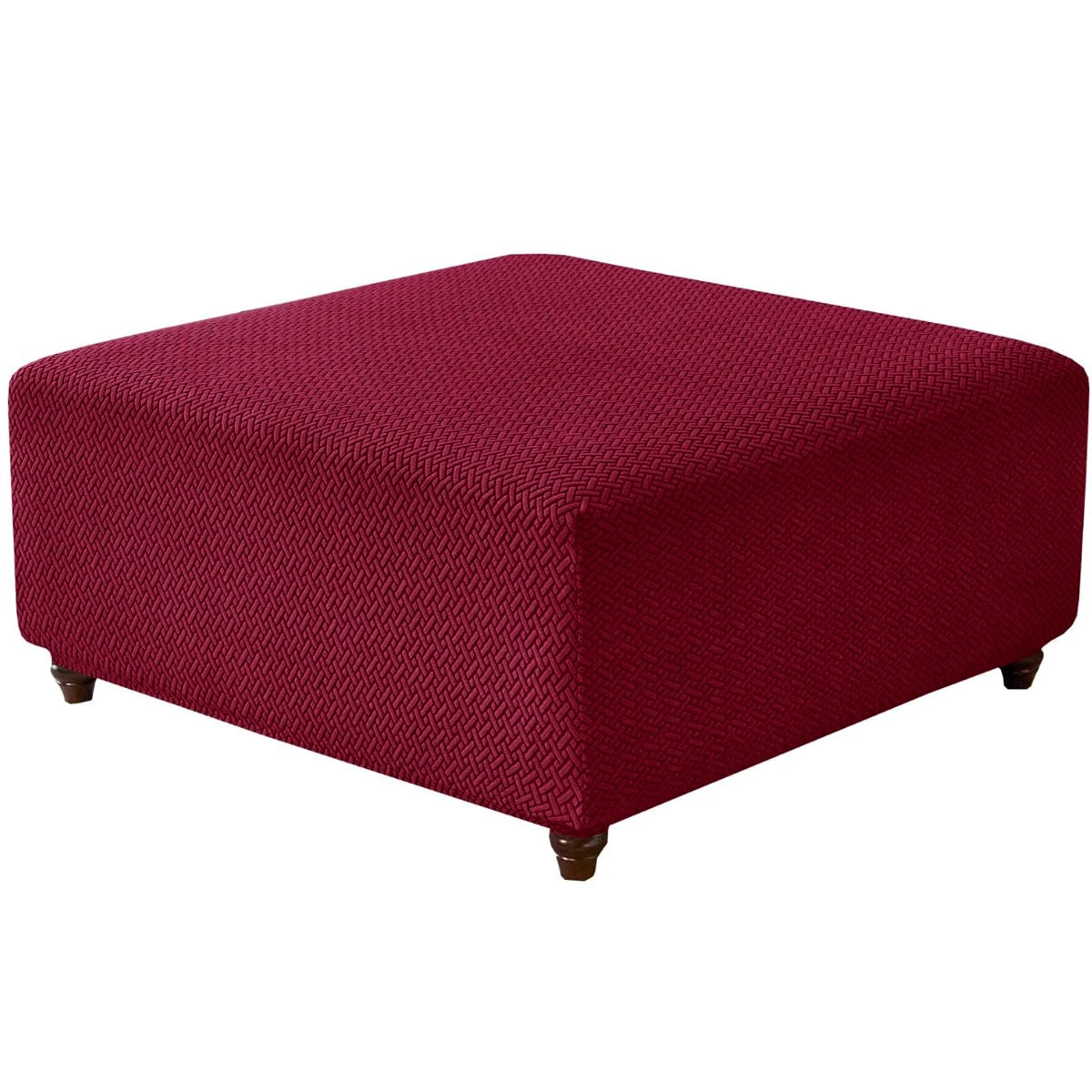 A deep burgundy stretch jacquard ottoman and stool cover with a textured weave.