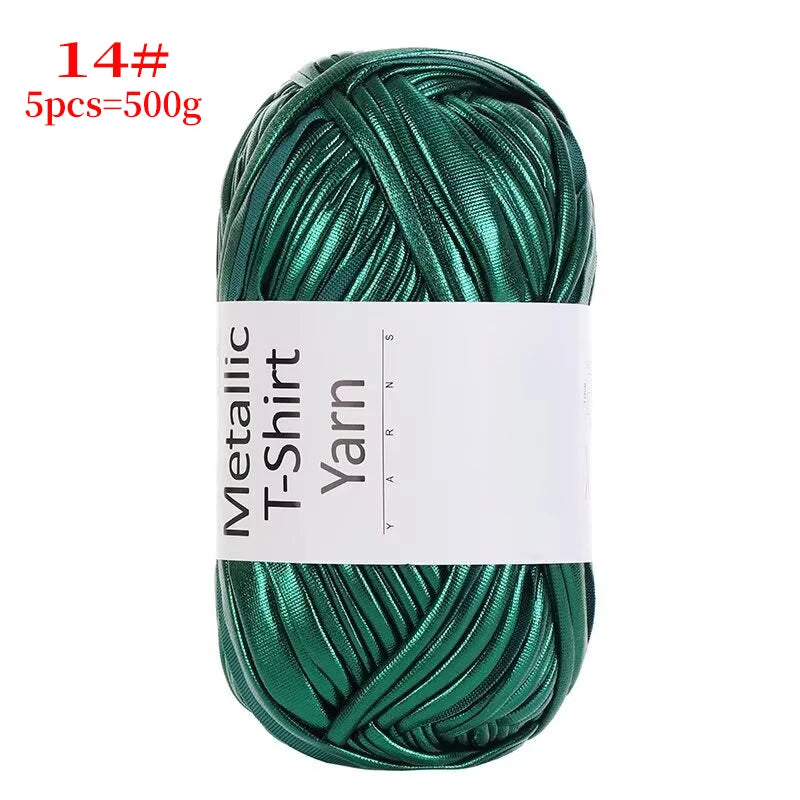 A skein of metallic green T-shirt yarn for crochet and DIY crafts.