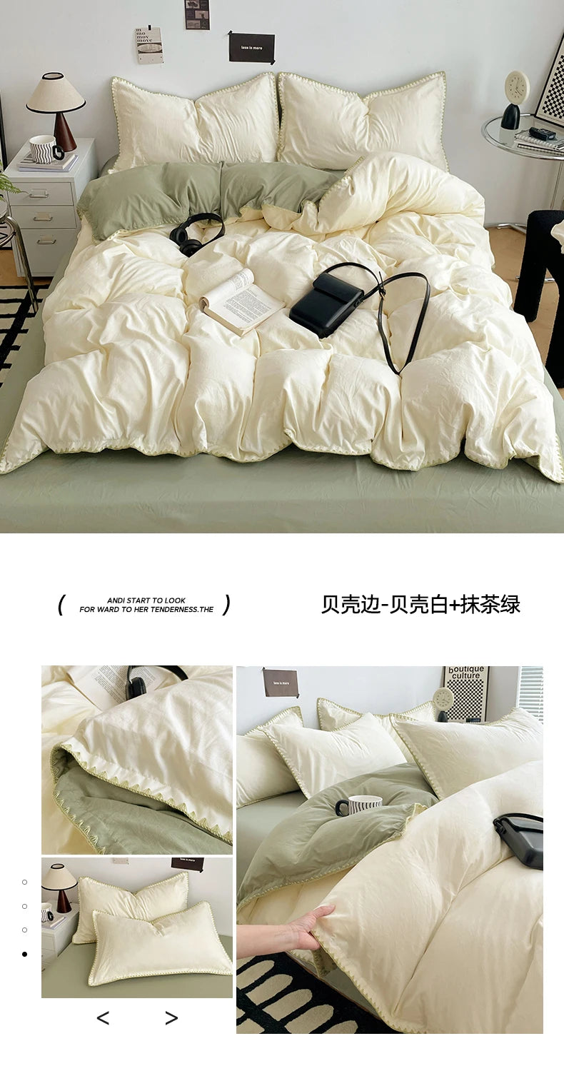 A set of luxurious washed cotton bed linen featuring cream and sage green colors.