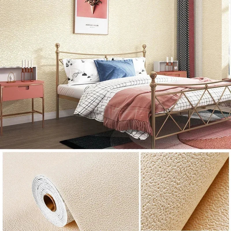 Close-up view of self-adhesive 3D thermal insulation wallpaper with a linen texture in beige and orange tones.