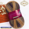 A ball of gradient dyed wool yarn in shades of brown, purple, and green with a pink label.