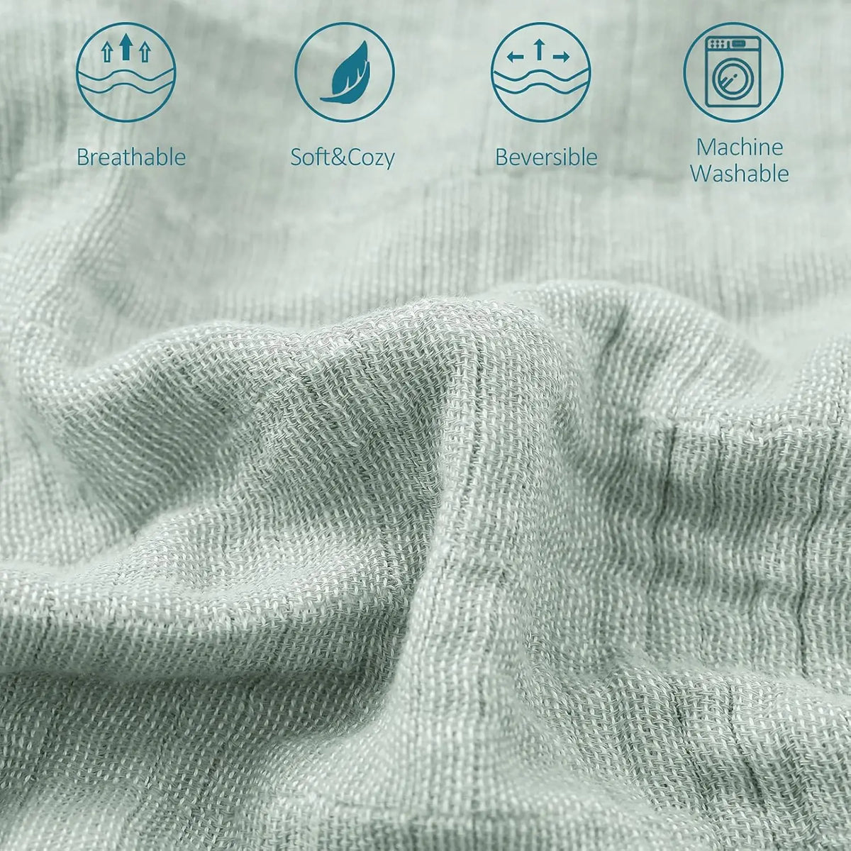 Close-up of a light gray muslin throw blanket showing features like breathability, softness, reversibility, and machine washa