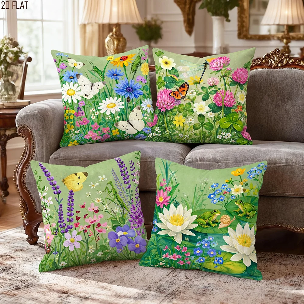 A collection of five floral throw pillows featuring various green, pink, and yellow wildflowers on a light green background.