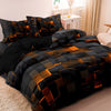 A black and gold geometric grid plaid duvet cover set displayed on a bed.