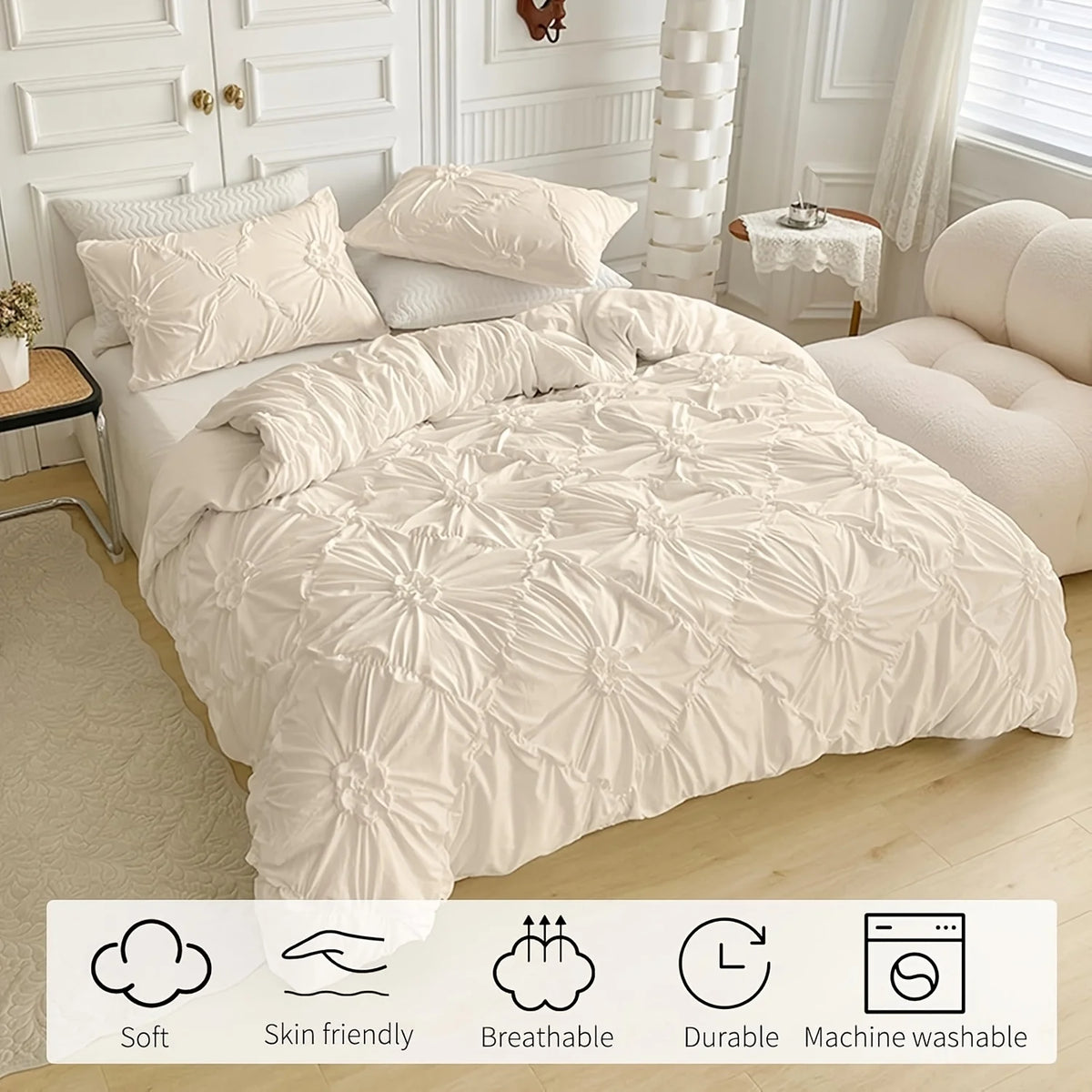 A white quilted duvet cover set displayed on a bed, with icons indicating soft, skin friendly, breathable, durable, and machi
