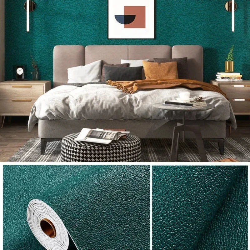 A close-up of teal self-adhesive 3D thermal insulation wallpaper with a linen texture.