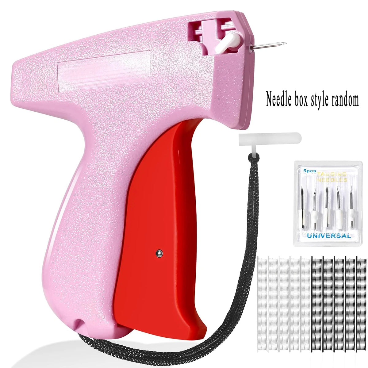 A pink and red needle box style random sewing tool with a flexible needle and multiple needles.