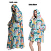 Adult-Long and Adult-Short plush fleece blanket hoodies featuring a colorful tiger print