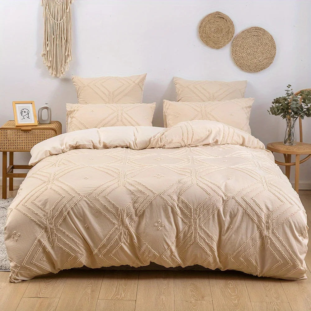 A beige bohemian grid tufted duvet cover set displayed on a bed with natural fiber accents.