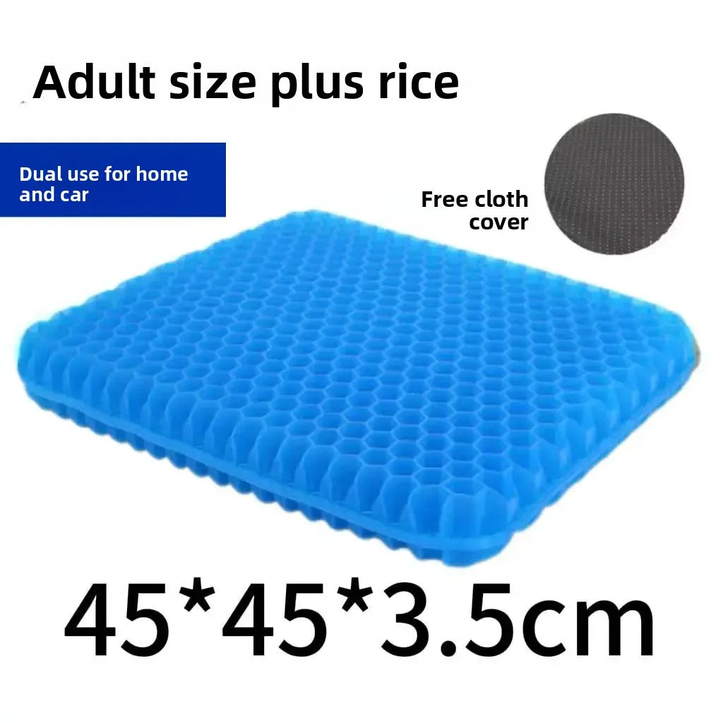 Blue ergonomic cooling seat cushion with a black cloth cover, measuring 45x45x3.5cm.