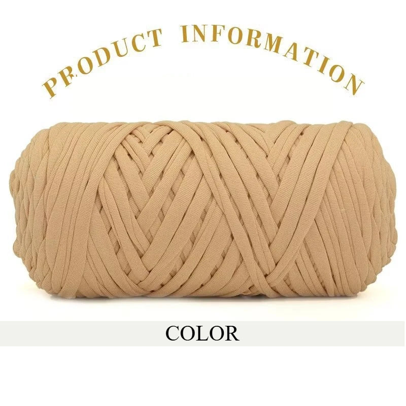 A tightly wound skein of thick beige polyester blended yarn for crafting.