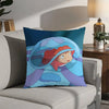 A decorative pillow cover featuring a cartoon pony face in blue and purple tones.