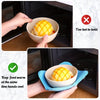 A hand holds a quilted microwave bowl cozy with a food item inside, demonstrating how to keep food warm at the same time hand