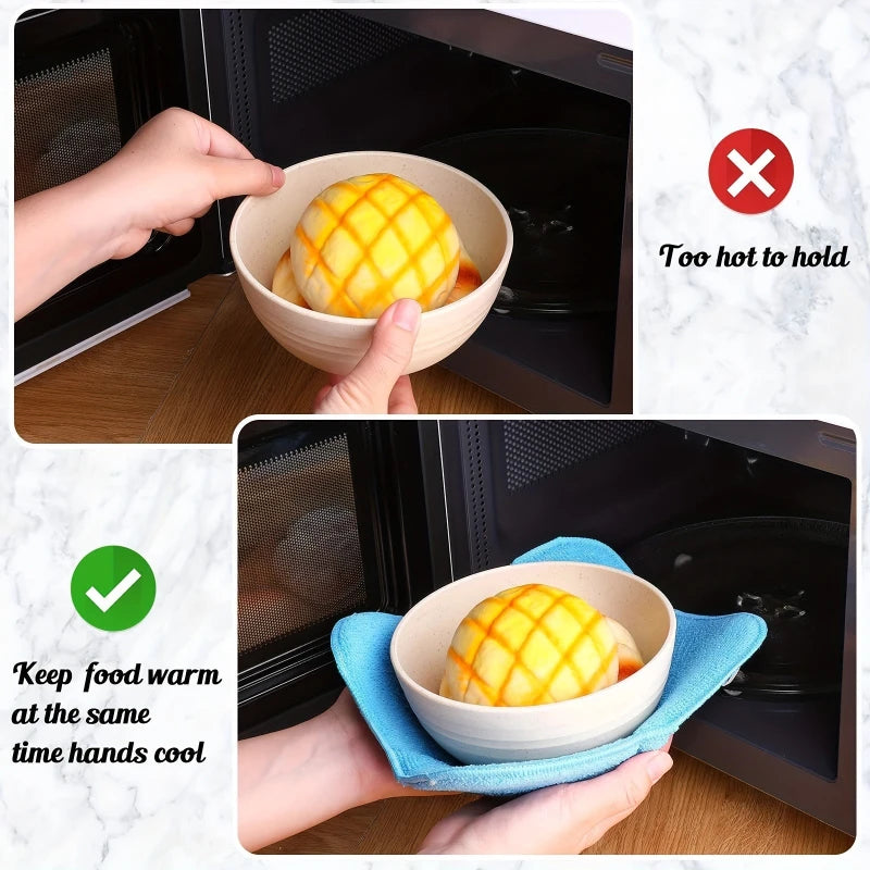 A hand holds a quilted microwave bowl cozy with a food item inside, demonstrating how to keep food warm at the same time hand