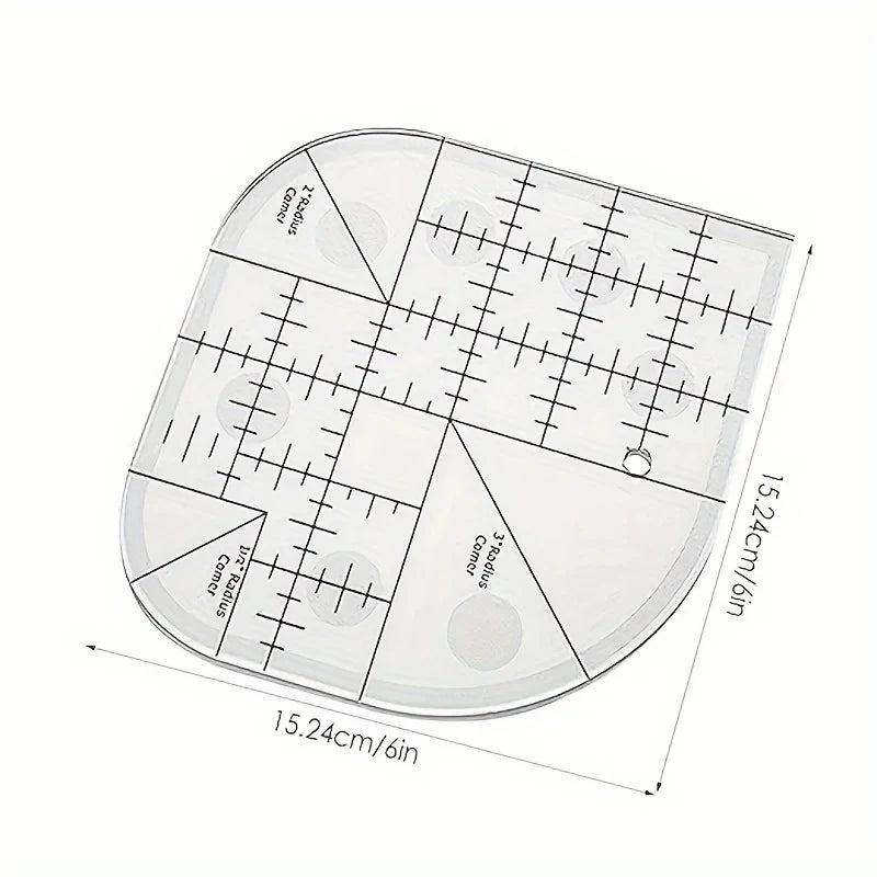 A clear acrylic quilting ruler with corner templates for sewing and patchwork, showing various measurements.
