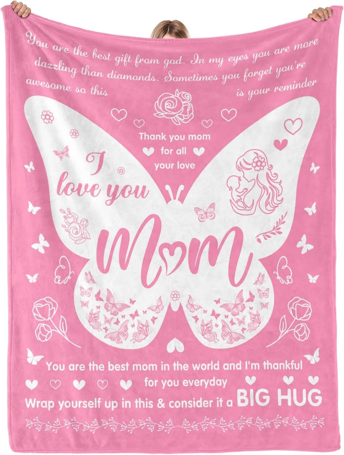 Pink throw blanket with butterfly print and text wishing love to mom