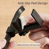 A hand holds a black adjustable desk hook with dual clips, demonstrating its anti-slip design.