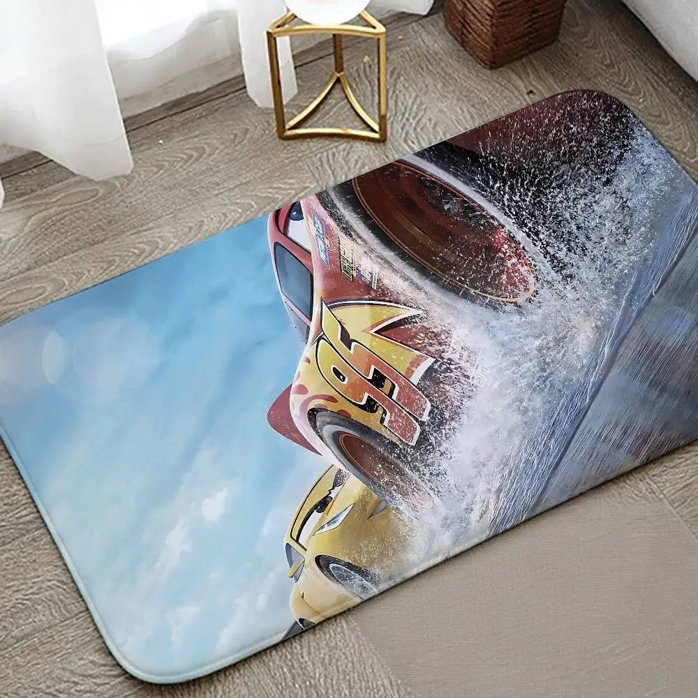 A cartoon anti-slip door mat featuring a dynamic splash design on a light blue background.